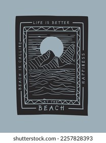 Retro Beach is calling Sunset nature scenery line art vintage poster design for t shirt print, sticker banner