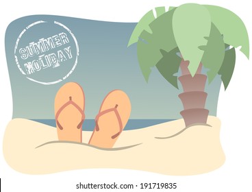retro beach with flip-flops, palm tree and stamp 