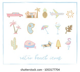Retro beach icons. Colored vector set. All elements are isolated