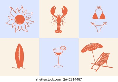 Icônes de plage rétro avec langoustes, soleil, cocktails, parasols, bikinis et chaises longues dans le style d'été