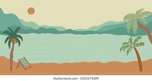 Retro beach landscape with palm trees background. Vector summer tropical banner. Scenic summer vacation card with sea, ocean, seacoast. Vintage tropical resort poster, hand drawn nature illustration.