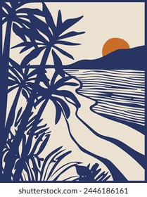 Retro beach palm trees and sun drawing vintager poster illustration for graphic tee t shirt or sweatshirt hoodie - Vector