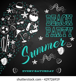 Retro Beach Party,Vintage Vacation icons collection for Summer Theme,Journey Theme,Vacation Theme: pina colada,surfboards,sun umbrella,flip-flops,beach ball-Blackboard Chalk Draw Retro Theme Labels