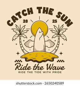 Estilo de praia retrô perfeito para vestuário de verão, merchandise de surf, cartazes e temas de férias tropicais