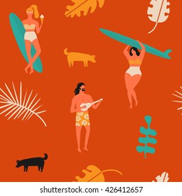 Retro beach summer poster. Surfing seamless pattern with girls carrying surfboard and a guy playing guitar.