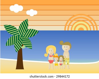 Retro Beach Sunset Landscape Family Vacation