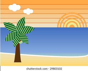 Retro Beach Sunset Landscape with palm tree