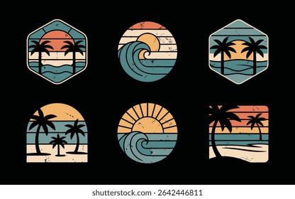 Retro beach sunset with palm trees and ocean waves illustrations