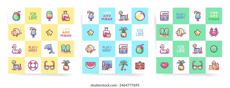 Retro beach themed seamless pixel art patterns. Fun and colorful designs include beach items, tropical drinks, and playful sea animals. Ideal for summer projects, baby and child decor.