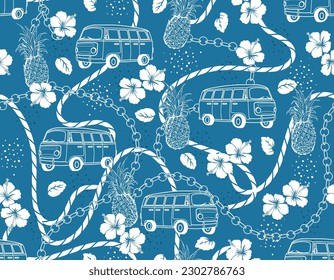 Retro beach Vibes seamless pattern Vector with Van beach car ., Summer rope , Hibiscus flowers illustration ,Design for fashion , fabric, textile, wallpaper , wrapping and all prints 