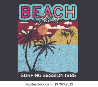 Retro beach vibes vector design for apparel and others. Palm tree artwork.