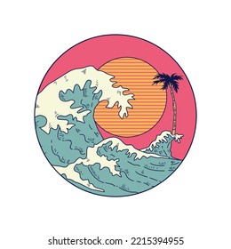 Retro Beach with Wave and Sun