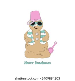 Retro beachy sand snowman with spiral shell nose and towel scarf in sunglasses vector illustration isolated on white. Merry Christmas play on words phrase, Groovy tropical summer Christmas print.