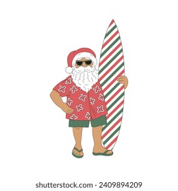 Retro beachy Santa Claus in Hawaiian shirt with red green striped surfboard vector illustration isolated on white. Groovy tropical summer Christmas print.