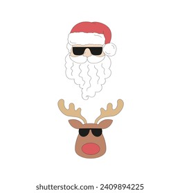 Retro beachy Santa Claus Reindeer in sunglassed vector illustration set isolated on white. Groovy tropical summer Christmas print.