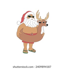 Retro beachy Santa Claus in swimsuit with reindeer swim ring vector illustration isolated on white. Groovy tropical summer Christmas print.