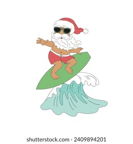 Retro beachy Santa Claus in swimsuit surfing on surfboard on the crest of a wave vector illustration isolated on white. Groovy tropical summer Christmas print.