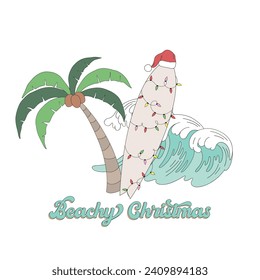 Retro beachy Xmas palm tree surfboard with garland and Santa hat wave vector illustration isolated on white. Groovy tropical summer Christmas print.