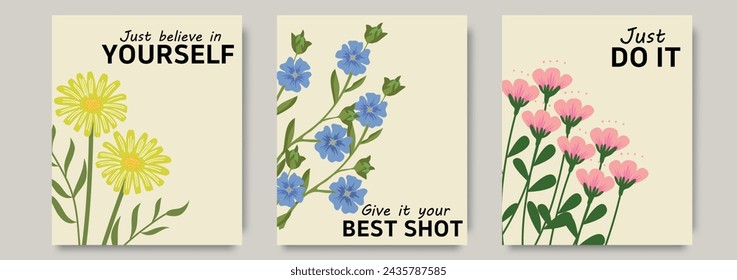 Retro beautiful botanical posters set. Contemporary botanical wall art with motivational quotes. Hand drawn design for wallpaper, wall decor, print, postcard, cover, template, banner