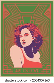 Retro Beauty and Art Deco Background, 1920s Style Woman and 1960s Psychedelic Colors Combination  