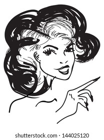 Retro beauty girl or woman pointing - vintage art Illustration