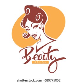 Belleza retro, retrato de dama vectorial para su salón de belleza, etiqueta de producto y estudio, logo, emblema