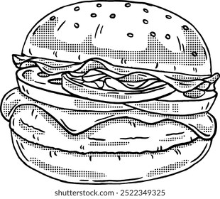 Retro Beef Burger Lechuga Tomate Cebolla Queso Dibujo a mano Halftone Shade Ilustración Digital Lineart Clipart Antiguas Estilo