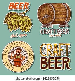  Retro Beer Barrel, Bavarian man, Green Hops, Cheers toast. Alcoholic Labels and stickers with calligraphic elements. Vintage American frame for poster banner. Hand drawn engraved sketch.