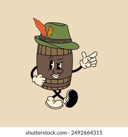 Retro Beer barrel mascot character. 40s, 50s, 60s old animation style. Oktoberfest mascot