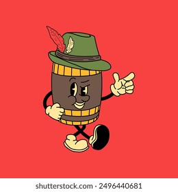 Retro Beer barrel mascot character. 40s, 50s, 60s old animation style. Oktoberfest mascot