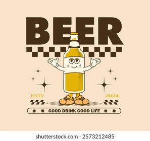 retro beer bottle cartoon character design perfect for graphic tees, t-shirts, streetwear design, posters, stickers, and merchandise