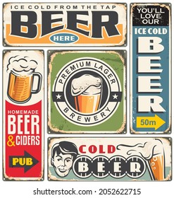 Retro beer and cafe bar signs collection. Alcohol drinks set of vintage advertisements. Beer promo poster vector templates.