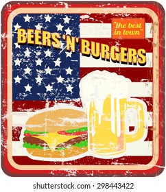 retro beer and hamburger or diner sign, fictional artwork, free copy space, vector illustration