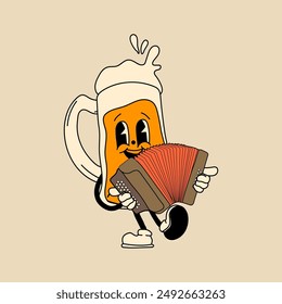 Retro Beer mug with accordion mascot character. 40s, 50s, 60s old animation style. Oktoberfest mascot