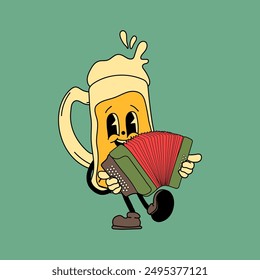 Retro Beer mug with accordion mascot character. 40s, 50s, 60s old animation style. Oktoberfest mascot