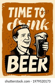 Retro Beer Poster. Vintage Ad For Pub. Concept Drink Vector Illustration