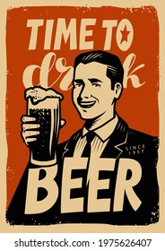 Retro beer poster. Vintage sign advertising cold ale. Pub concept vector illustration