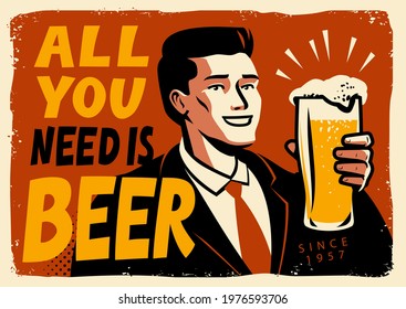 Retro beer poster. Vintage sign advertising cold ale. Pub concept vector illustration