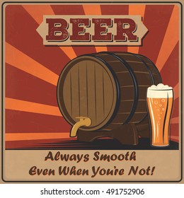 Retro beer poster. Retro poster of a wooden beer barrel and foamy glass. Vintage poster template of a beer. Advertising vector layout for pub. All effects and elements can easily be disabled.