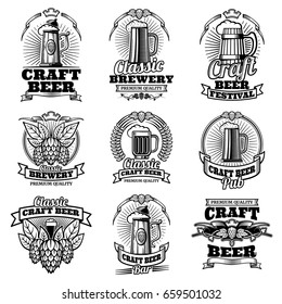 Retro beer pub vector emblems. Vintage traditional brewing labels. Alcohol emblem beer, label of festival beer illustration