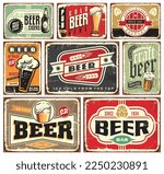 Retro beer signs collection. Vintage beers and drinks posters and pub decorations on old rusty metal background. Nostalgic vector advertisements graphics.