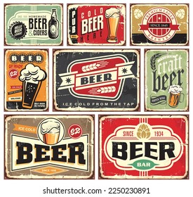 Retro beer signs collection. Vintage beers and drinks posters and pub decorations on old rusty metal background. Nostalgic vector advertisements graphics.