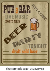 Retro beer vector invitation for pubs and bars. Vintage poster template for cold beer.  Retro banner design. Vector old paper texture food and drink background concept.
