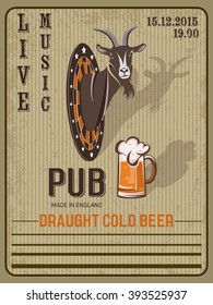 Retro beer vector poster for pubs and bars. Vintage poster template for cold beer with goat on the dart board. Retro banner design. Vector old paper texture food and drink background concept.
