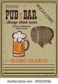Retro beer vector poster for pubs and bars. Vintage poster template for cold beer with wooden barrel. Retro banner design. Vector old paper texture food and drink background concept.
