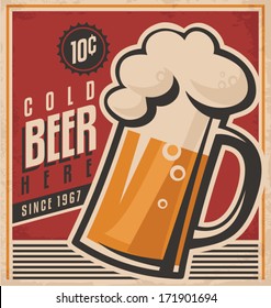 Retro Beer Vector Poster. Vintage Ad Template For Cold Ale. Vector Old Paper Texture With Food And Drink Background Concept.