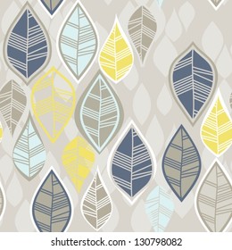 retro beige blue navy yellow white leaves in rows on white background seasonal seamless pattern
