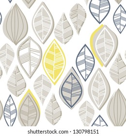 retro beige blue navy yellow white leaves in rows on white background seasonal seamless pattern