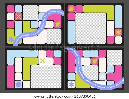 Retro bento grid templates with pink, green and blue blocks, flower icons for social media layouts. Rounded squares with transparent placeholder areas and decorative ribbons or text banners.