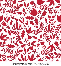 retro berries leaf foliage vector seamless repeat pattern background tile, red white, simple vintage traditional, wallpaper, fashion print, textile pattern, scrapbooking, invitation, card, decoration